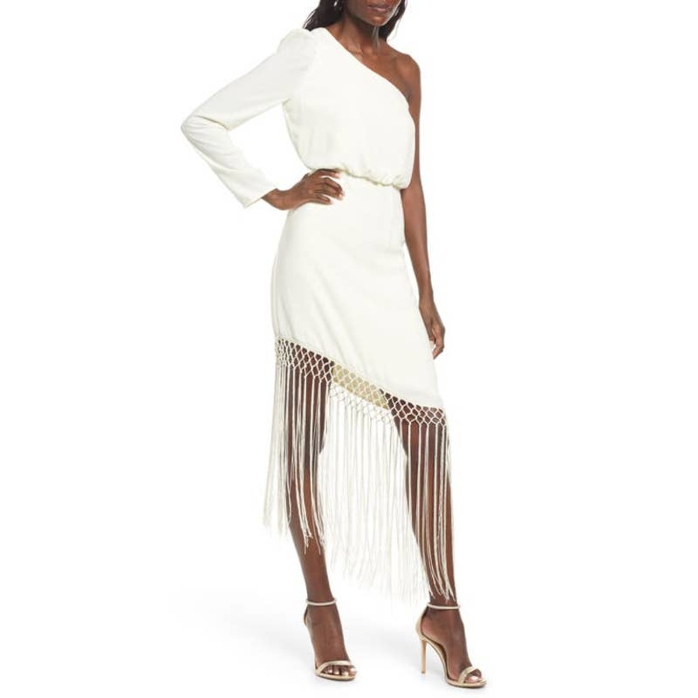 Lulus Cream Love at Dusk One-Shoulder Asymmetric Fringe Midi Dress NWT Size XS